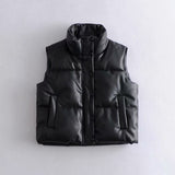 Women Vest Urban Leisure Faux Leather Cotton-Padded Vest