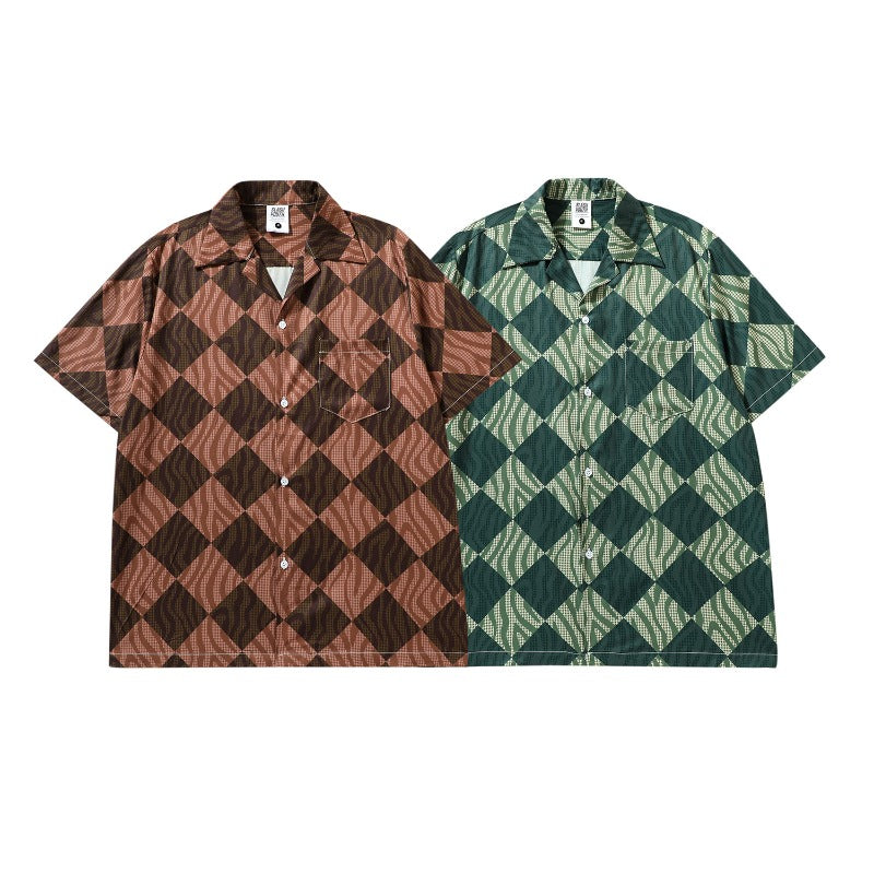 Short Sleeve Shirt Diamond Plaid Idle Style All-Match Beach