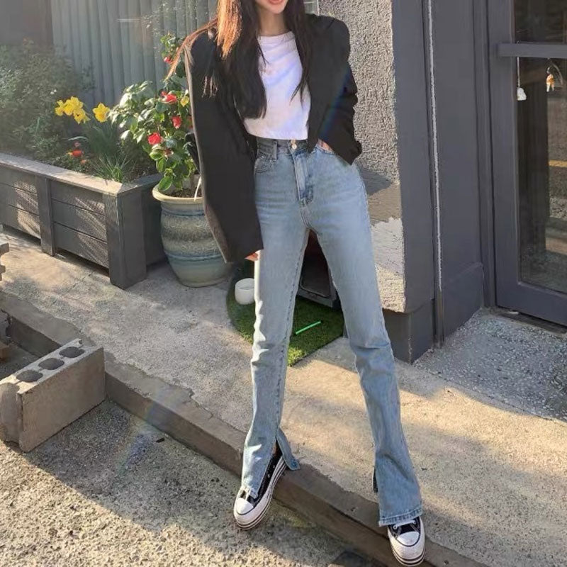 Women Jeans Stretch Split Straight Retro Slimming