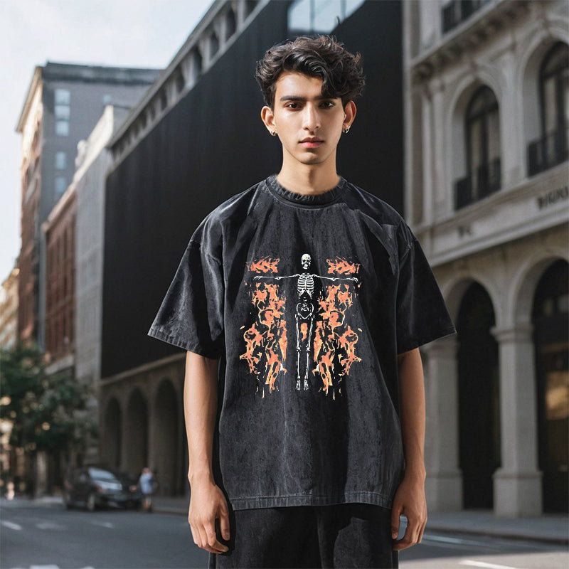 Mens Vintage T Shirt Skull Print Washing Water Crew Neck