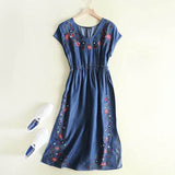 Women Dresses Elegant Embroidery Denim Dress