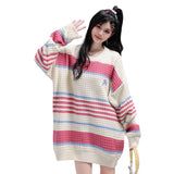 Women Sweater Contrast Color Striped Soft Knitted Top Retro Loose