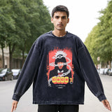 Mens Vintage Long Sleeve Shirt Printed Washed Long Sleeve T-Shirt