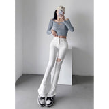 Women Jeans Hot Girl Slimming Holes Stretch Slim Fit Bell-Bottom Pants