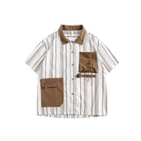 Unisex Shirt Retro Patchwork Three-Dimensional Pocket Loose Stripes