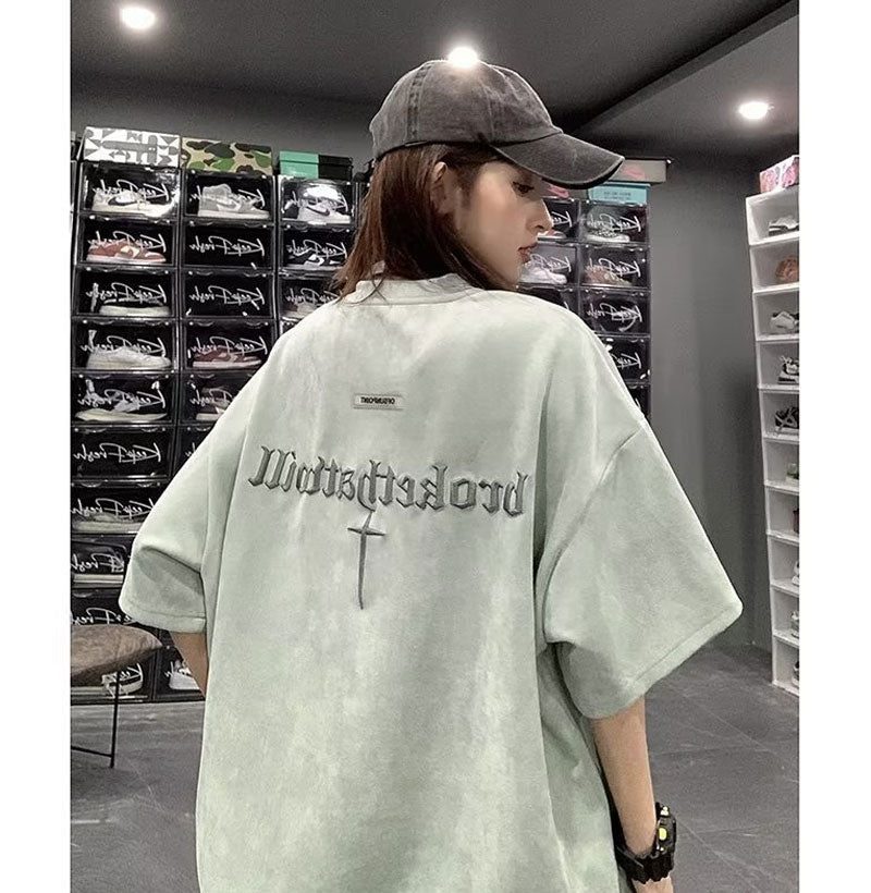 Men T Shirt Vintage Embroidered Heavy Loose Suede