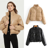 Women Cotton Coat Solid Color Simple Imitation Leather Cotton Jacket