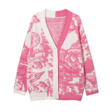 Women Sweater Contrast Color Jacquard V-neck Knitted Jacket