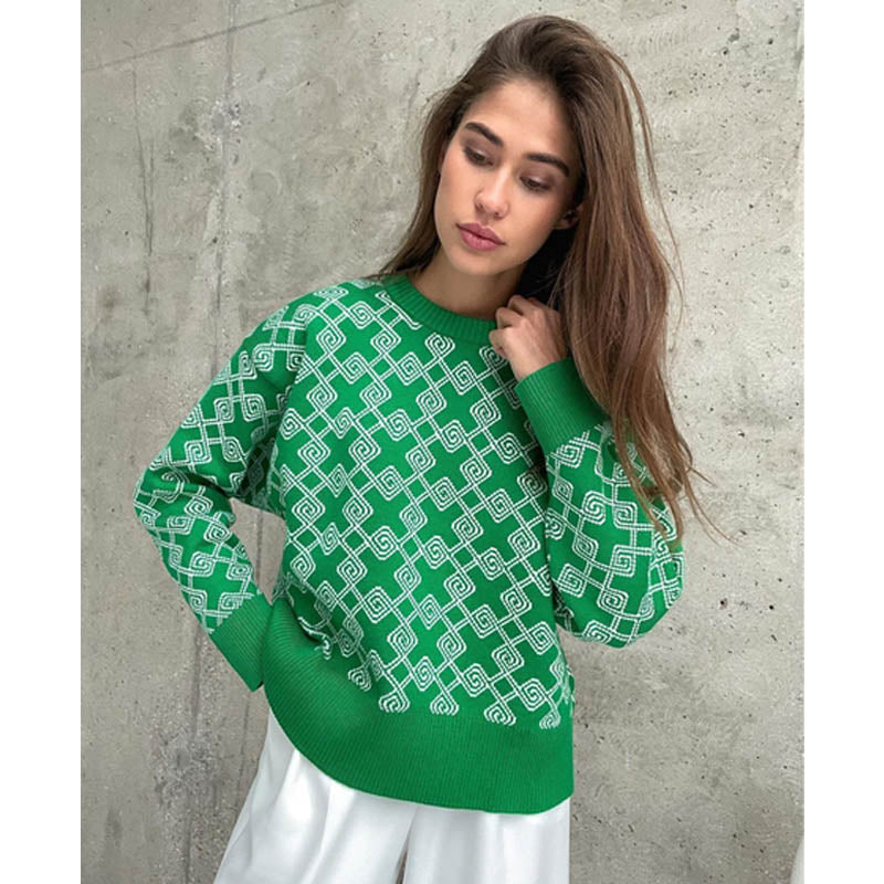 Women Work Business Casual Sweats Jacquard Knitted Sweater
