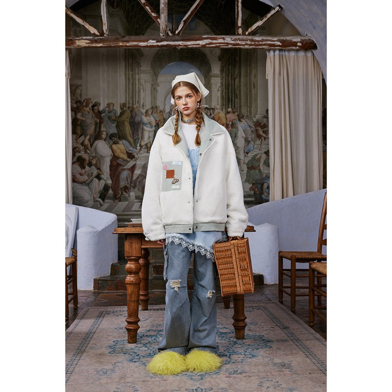 Unisex Coat University Style Plush Cotton Jacket Reversible Coat