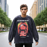 Mens Vintage Long Sleeve Shirt Printed Washed Long Sleeve T-Shirt