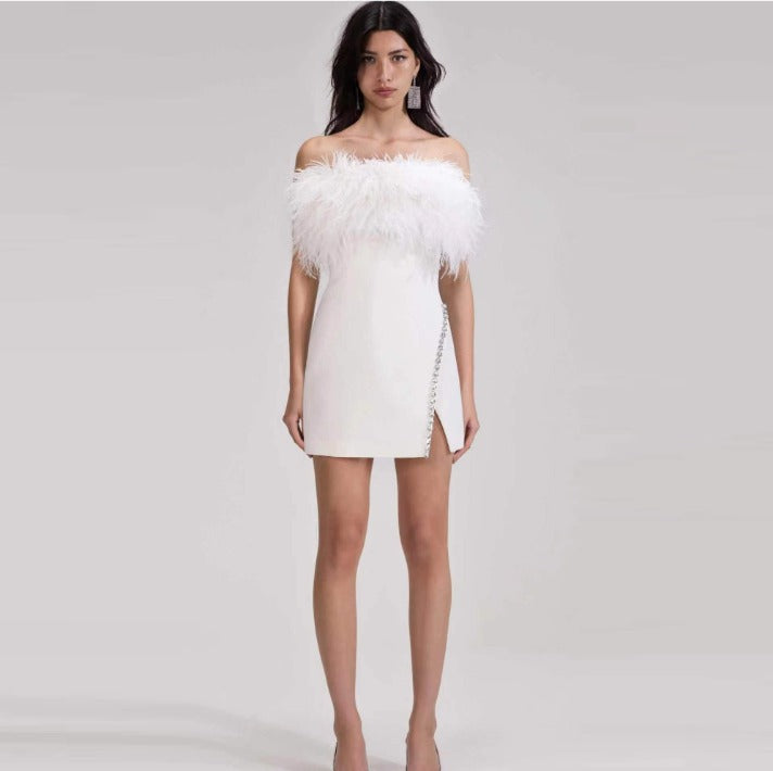 Women Dress Feather Drill Chain Formal Dress