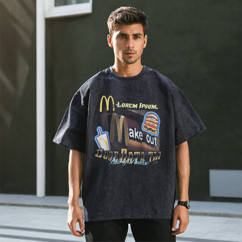 Mens Vintage T Shirt Printed Washed Old Short Sleeves