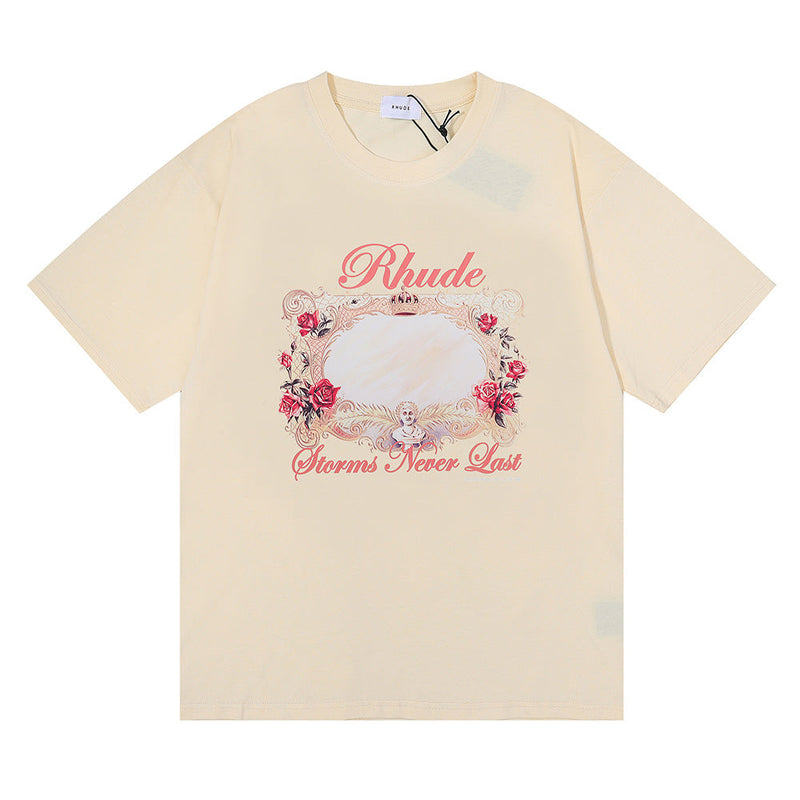 Rhude T Shirt Storms Never Last HD Rose Magic Mirror Men and Women