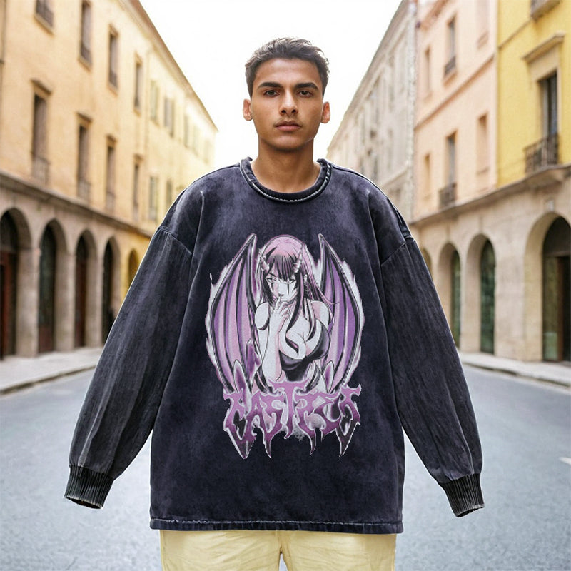 Mens Vintage Long Sleeve Shirt Hip Hop Casual Crew Neck