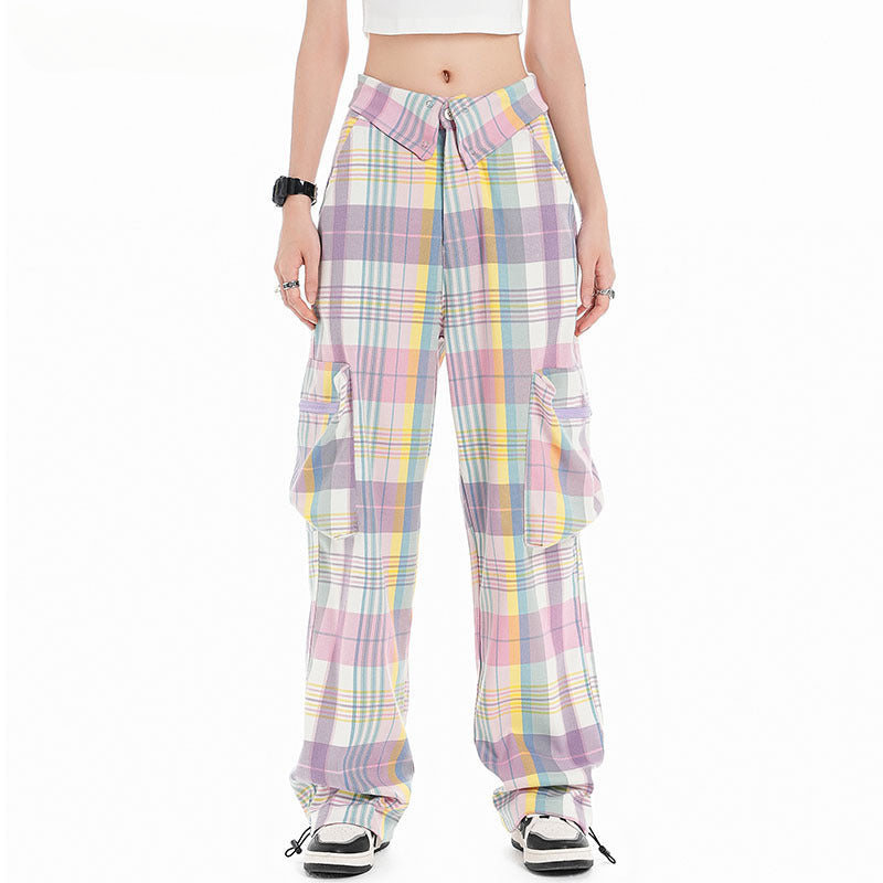 Cargo Pants Plaid Colorblock Overalls