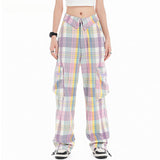 Cargo Pants Plaid Colorblock Overalls