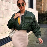 Women Cotton Coat Short Green Jacket Female Stand-up Collar Slim Fit