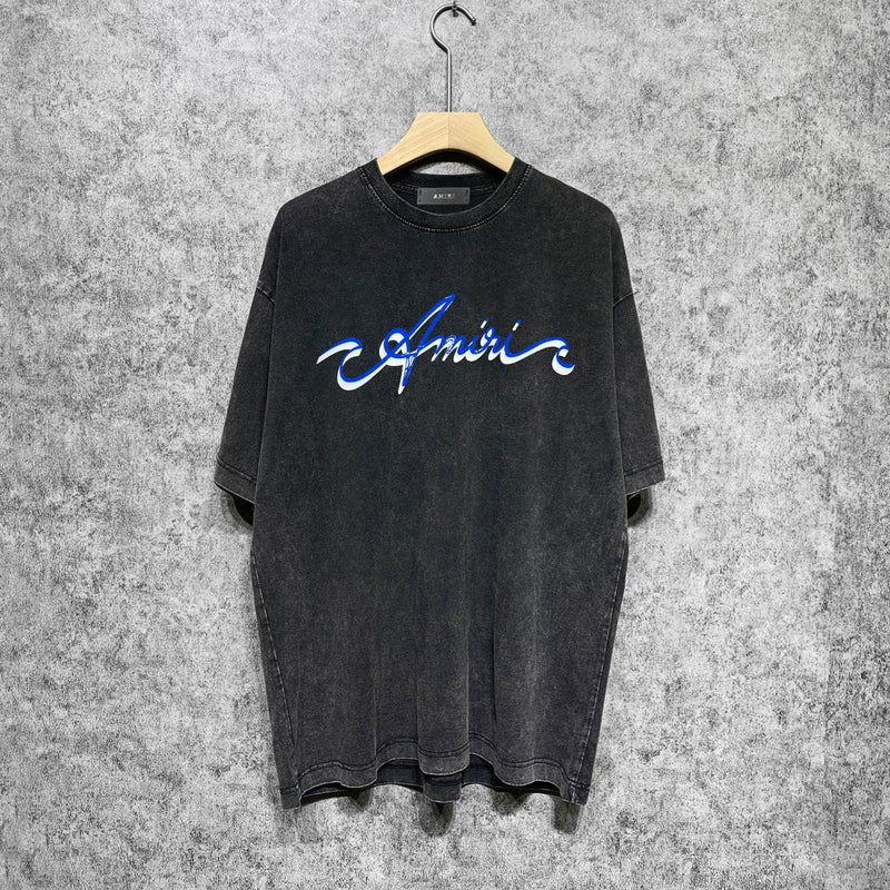 Amiri washed t-shirt blue art word printing short sleeves