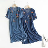 Women Dresses Flower Embroidery Denim Dress