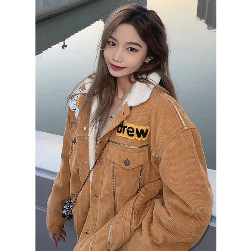 Unisex Denim Jacket Drew Embroidered Warm Lamb Fleece Denim Jacket