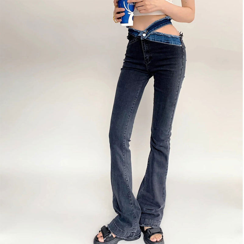 Women Jeans Sexy Frayed Flared Pants Stretch Slim Fit