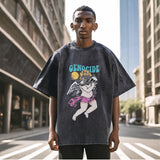 Mens Vintage T Shirt Washed Cartoon Print Short Sleeve