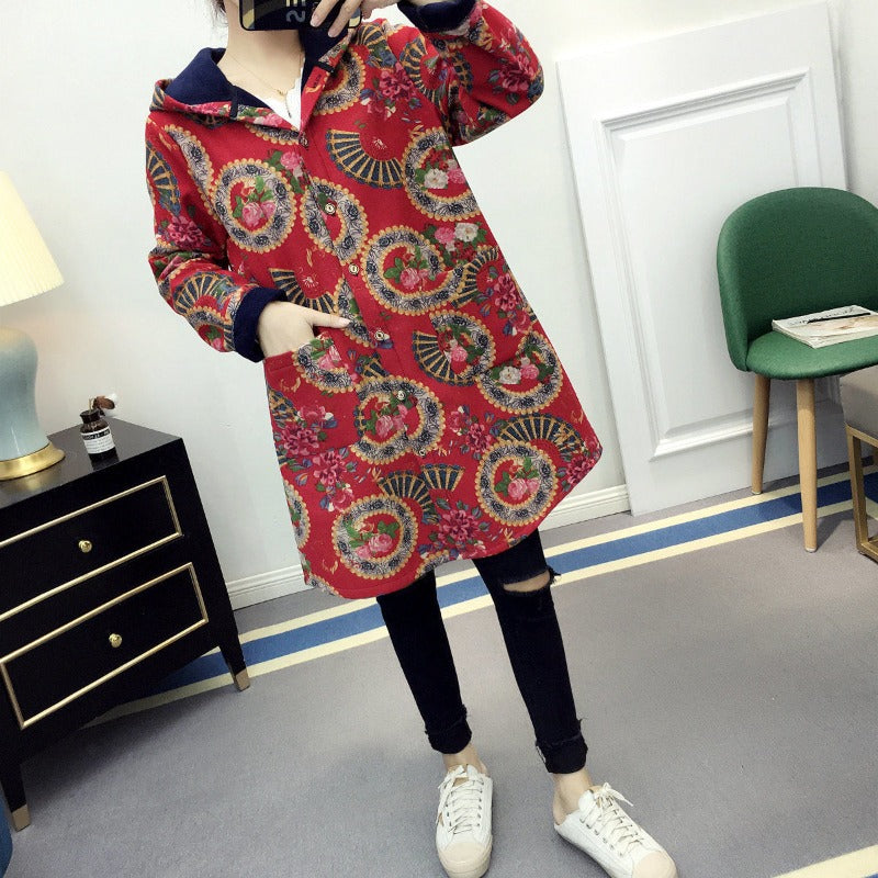 Women Cotton Coat plus Size Fleece-lined Linen Jacket Mid-Length