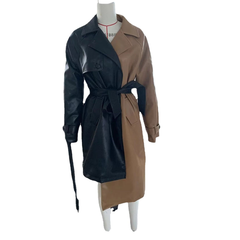 Women Trench Coat Mid-Length Temperament PU Leather Jacket