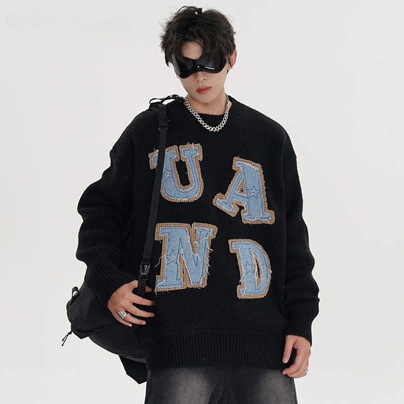 Women Sweater Denim Patch Idle Style Knitted Sweater