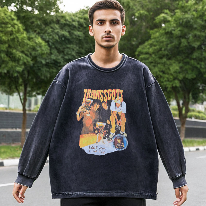 Mens Vintage Long Sleeve Shirt Washed Long Sleeve T-Shirt Men's and Women's