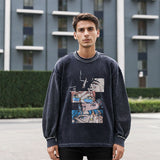 Mens Vintage Long Sleeve Shirt T-Shirt Washing Water Old Men