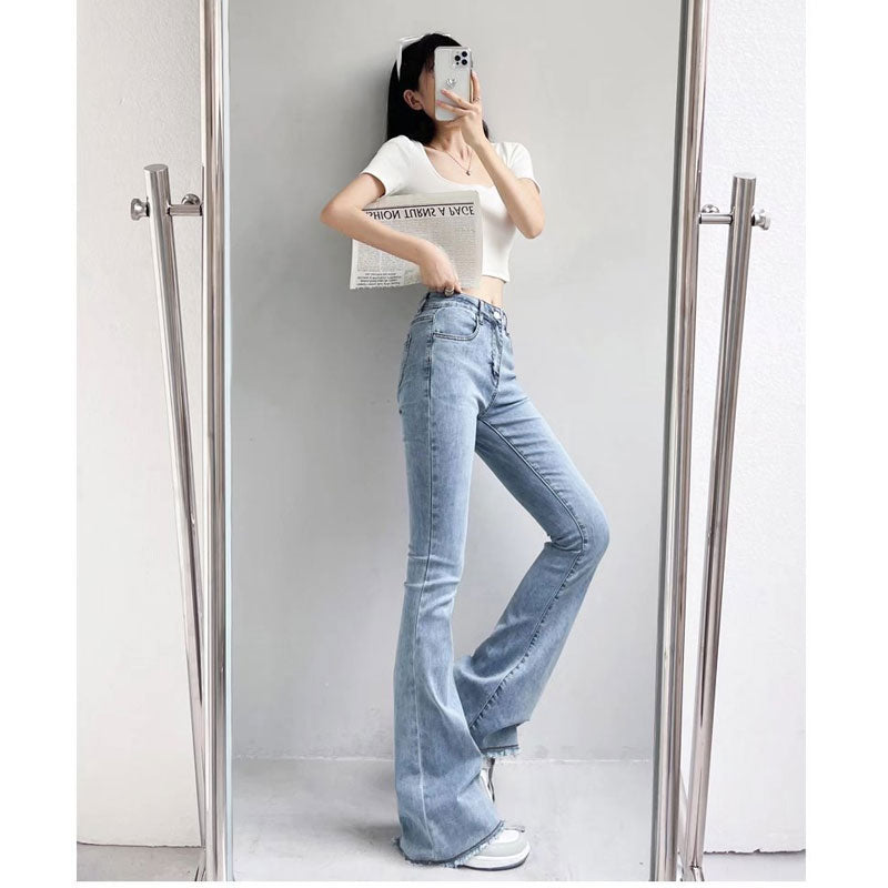 Women Jeans Raw Edge Elastic Slim Fit Slimming Bell-Bottom Pants