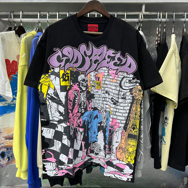Godspeed t Shirts Graffiti Wall Skull Artist Printing Cotton Casual Short Sleeves Men and Women