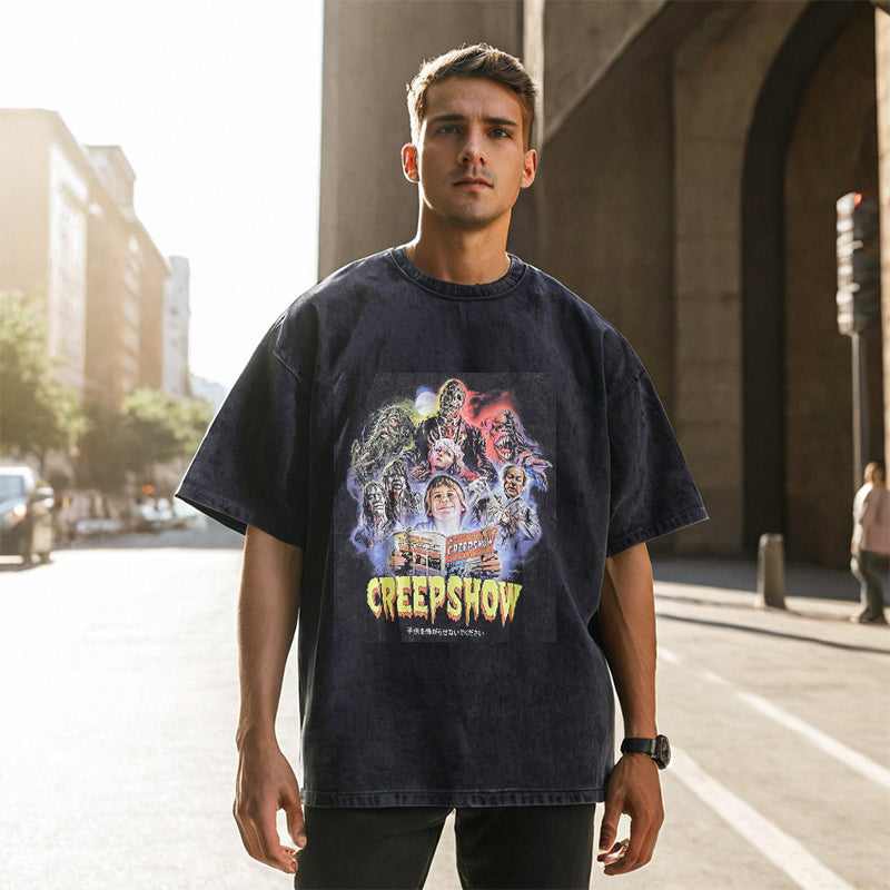 Mens Vintage T Shirt Printed Washed Old Short Sleeves