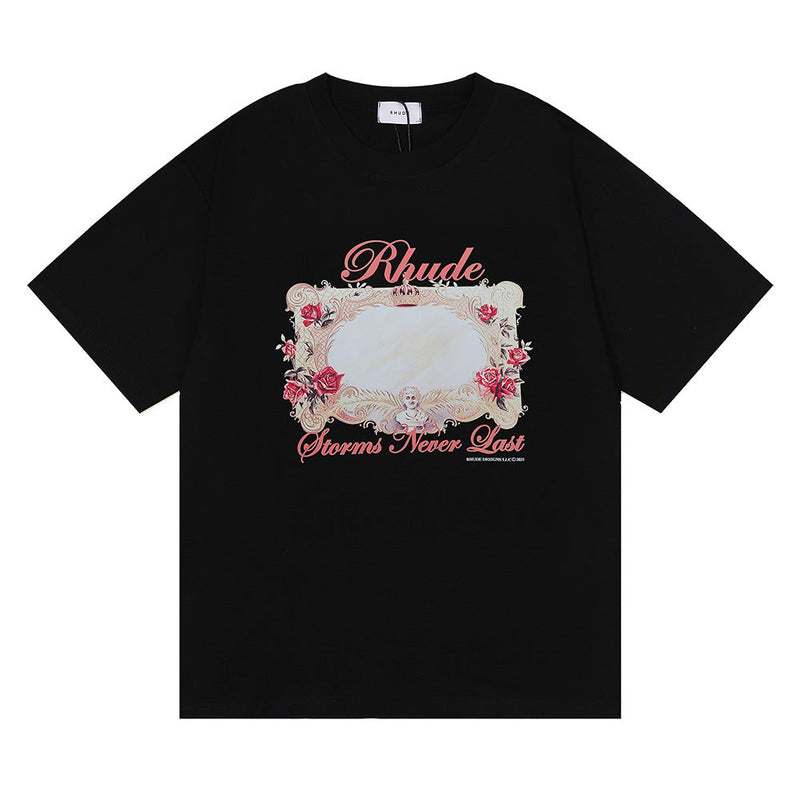 Rhude T Shirt Storms Never Last HD Rose Magic Mirror Men and Women