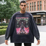 Mens Vintage Long Sleeve Shirt Printed Washed Long Sleeve T-Shirt