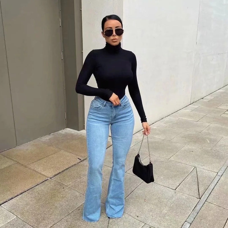 Women Jeans Stretch Slim Fit Burrs Bell-Bottom Pants