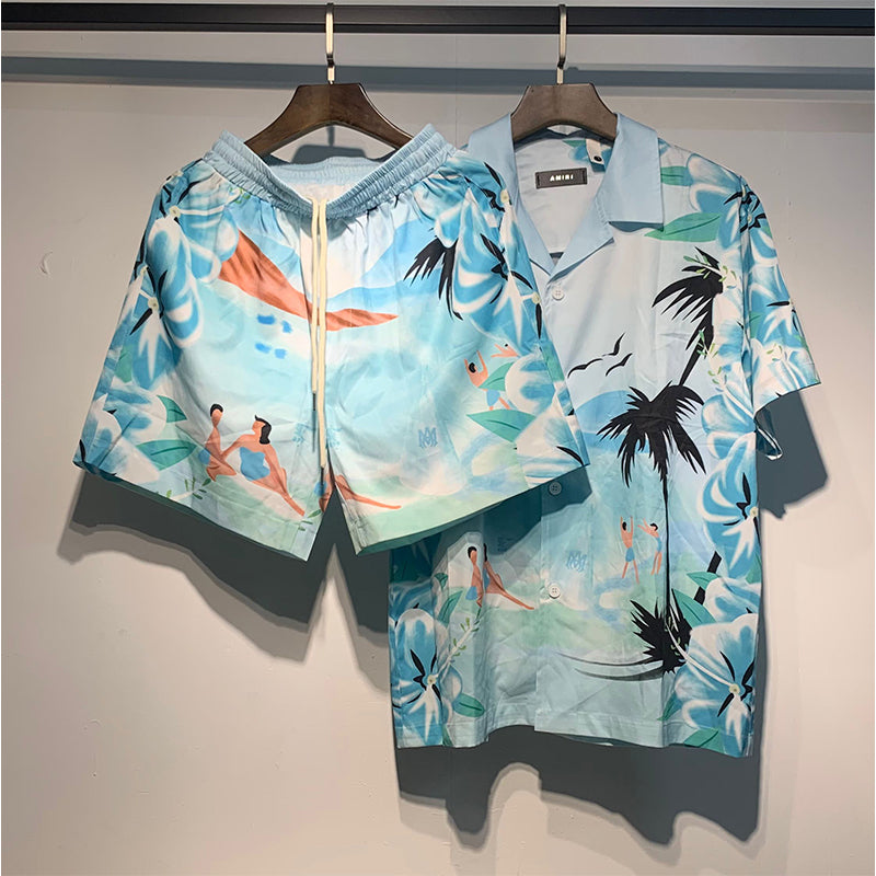 Amiri Shirt And Shorts 2 Piece Set Fashion Print Couple High Street