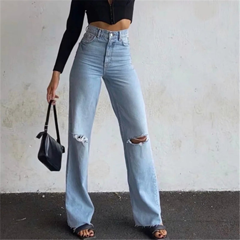 Women Jeans Loose Hole Raw Edges