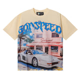 Godspeed T Shirts Convenience Store White Car Printing Cotton Casual Short Sleeve Men's and Women's
