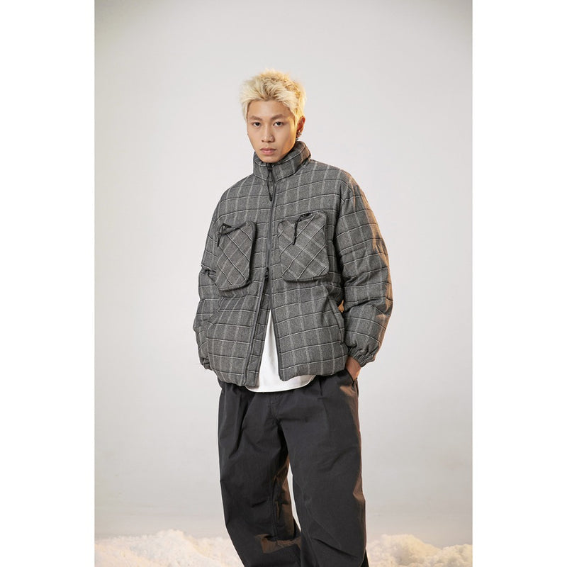 Unisex Coat Winter Stand Collar Plaid Coat Cotton Coat