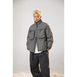 Unisex Coat Winter Stand Collar Plaid Coat Cotton Coat