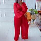 Women Jumpsuit See-through V-neck Wide-Leg Pants