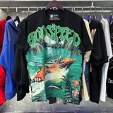 Godspeed T Shirts Speedboat Shark Print Cotton Crew Neck Short Sleeve Men and Women