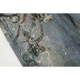 Unisex Pants Distressed Ink-splashed Loose-fitting Chain Jeans