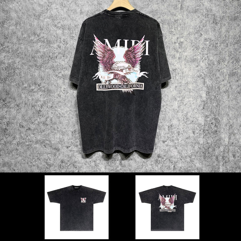 Amiri washed t-shirt flying eagle medal printing short sleeve