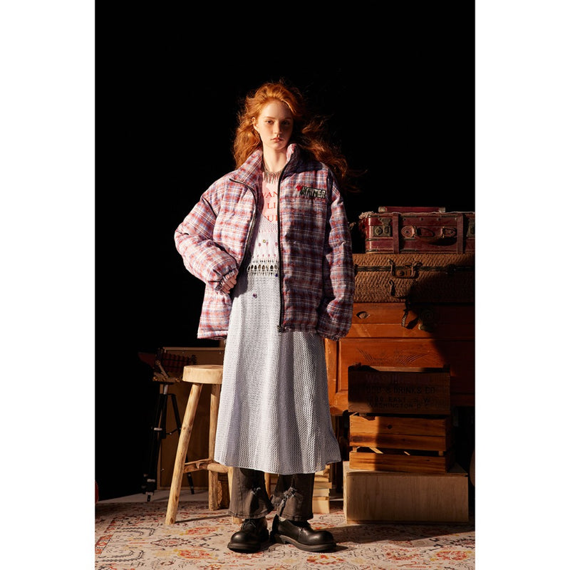 Unisex Coat Vintage Plaid Stand-up Collar Thermal Coat Loose