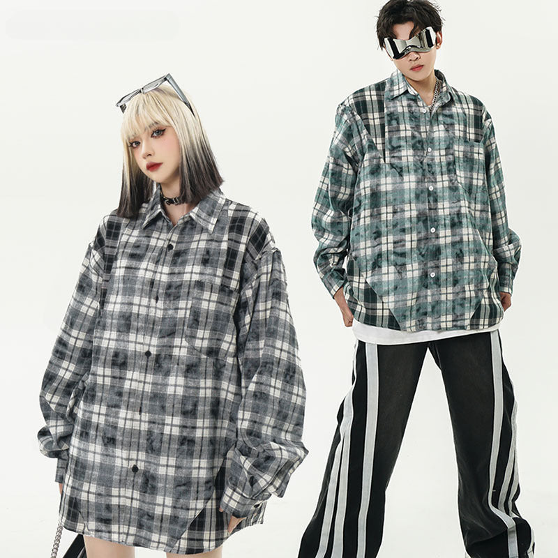 Long Sleeve Shirt Plaid Stitching Oversize Retro