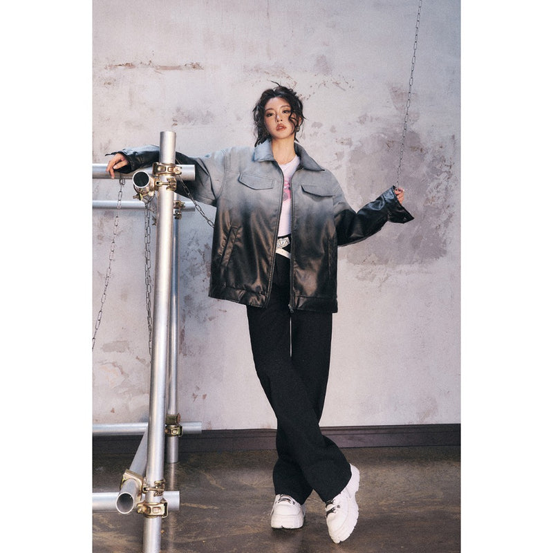 Unisex Coat Retro Gradient Baggy Coat PU Leather Coat